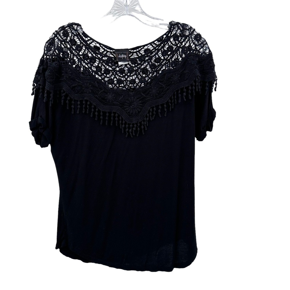 Daytrip Black Crochet Lace Fringe Boho Top Short Sleeve Evening Wear Womens Sz S